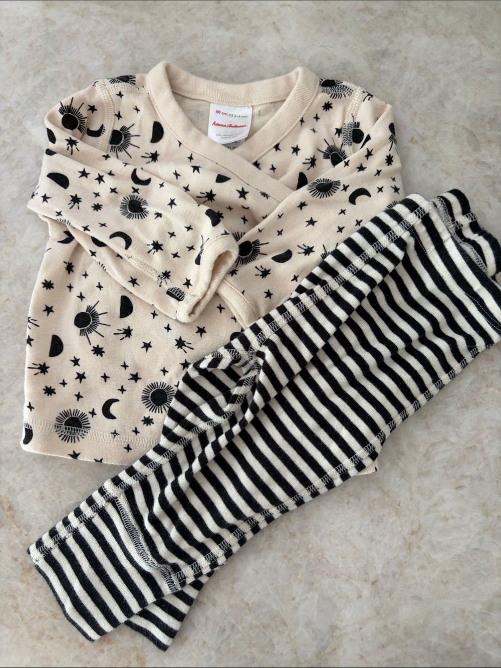 Hanna Andersson Beige Top with Black Celestial Print & Black-White Striped Pants